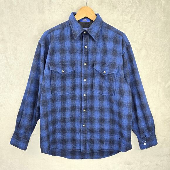 HOLES Pendleton Shirt Mens Medium Blue Plaid Virgin Wool Button Down Long Sleeve - Picture 1 of 12